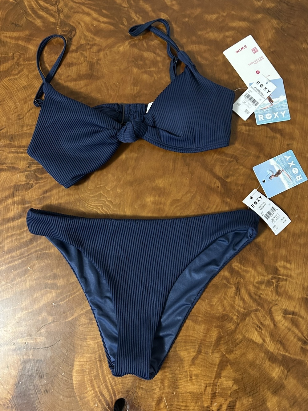 NWT ROXY Rib Roxy Love Knot Bikini Set in Mood Indigo -S